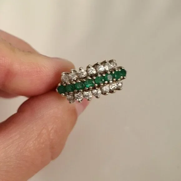 Vintage Boho 3 Row Crystal Natural Emerald Sterling Silver 925 Cocktail Ring 6.2 - Picture 8 of 9